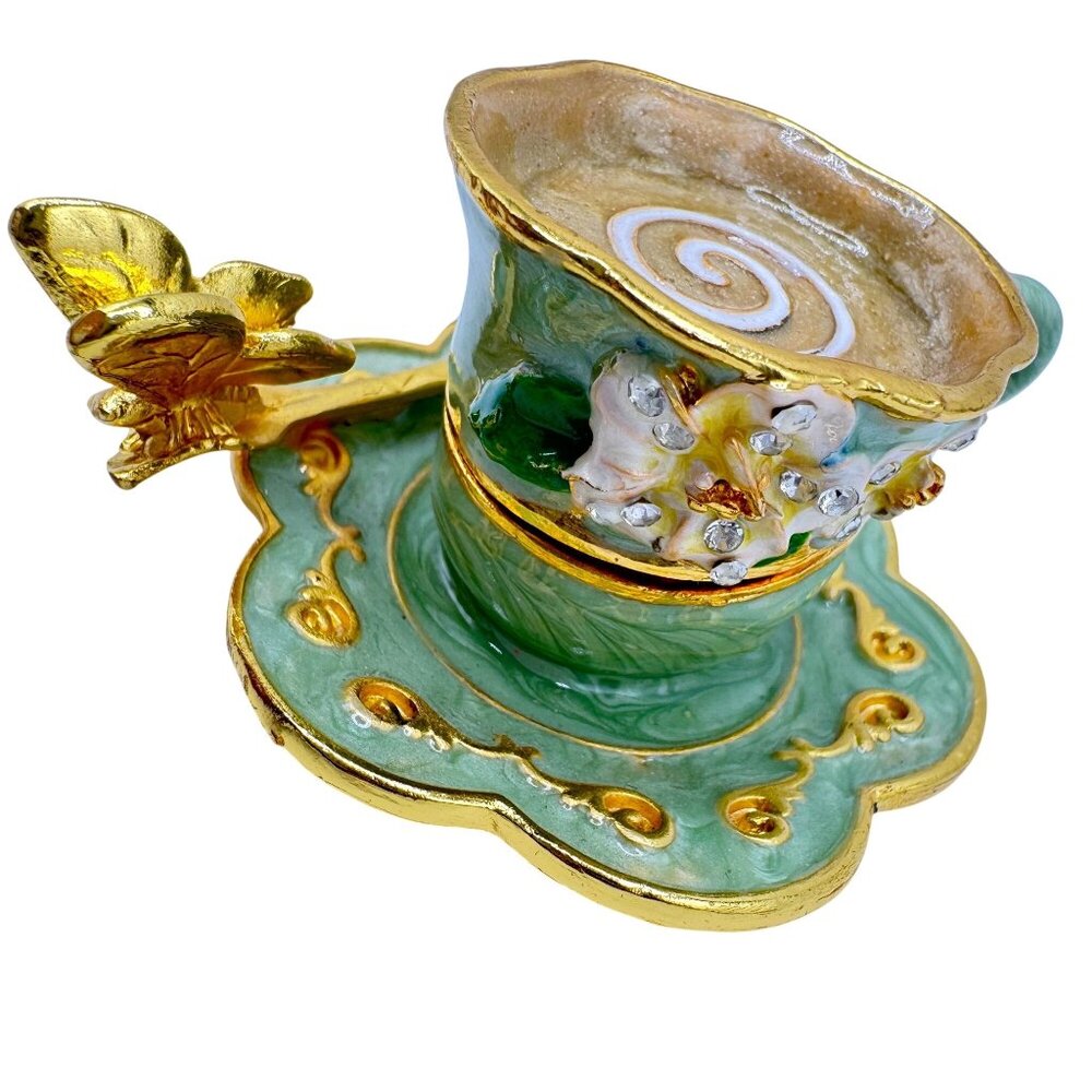 Ornate Tea Cup Jewelry Box Gold Rhinestone Embellishments Butterfly Green
